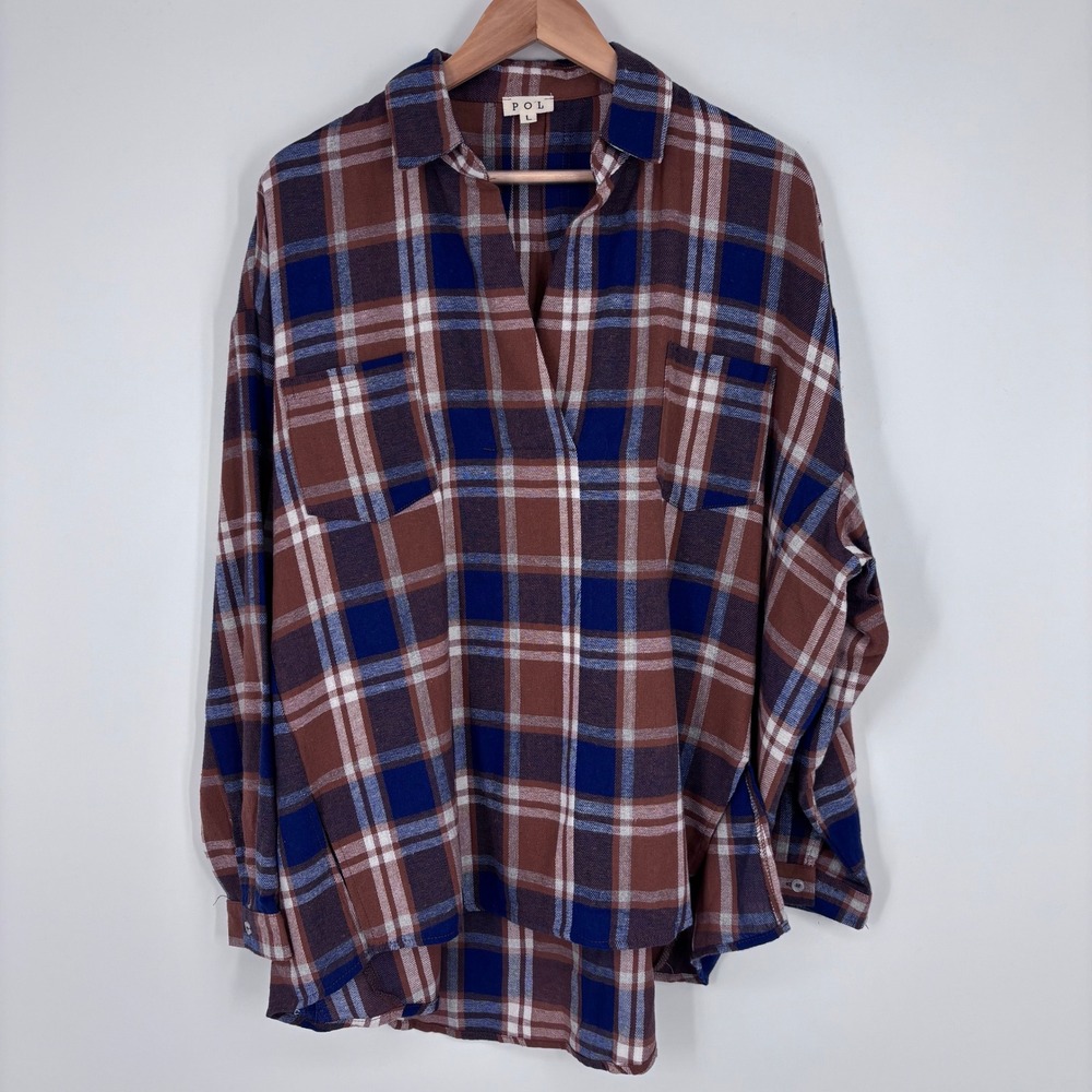POL Plaid V-Neck Oversized Flannel Tunic Top Womens Large Brown Blue White Boho